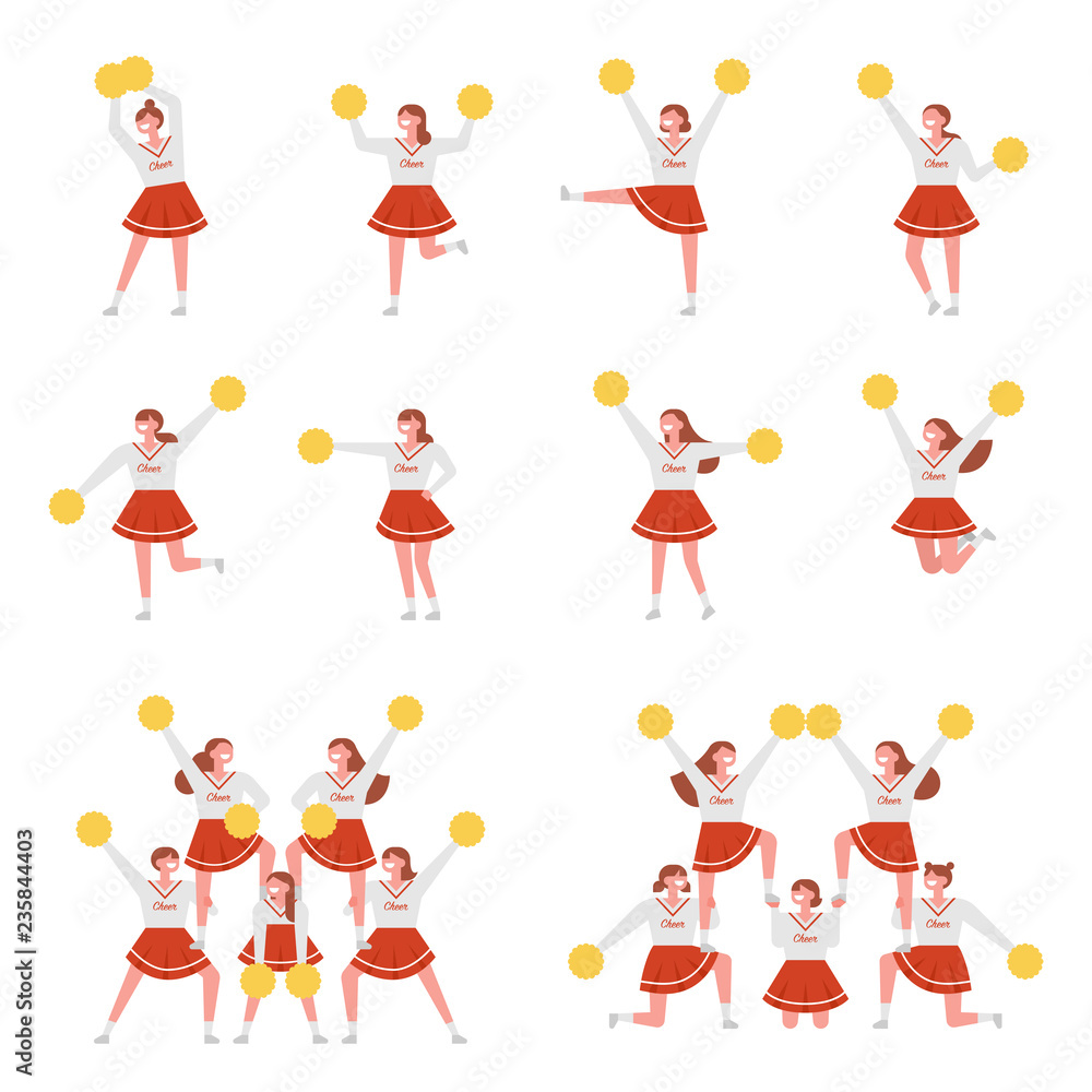 Various behaviors of Cheerleader characters. flat design style vector graphic illustration.