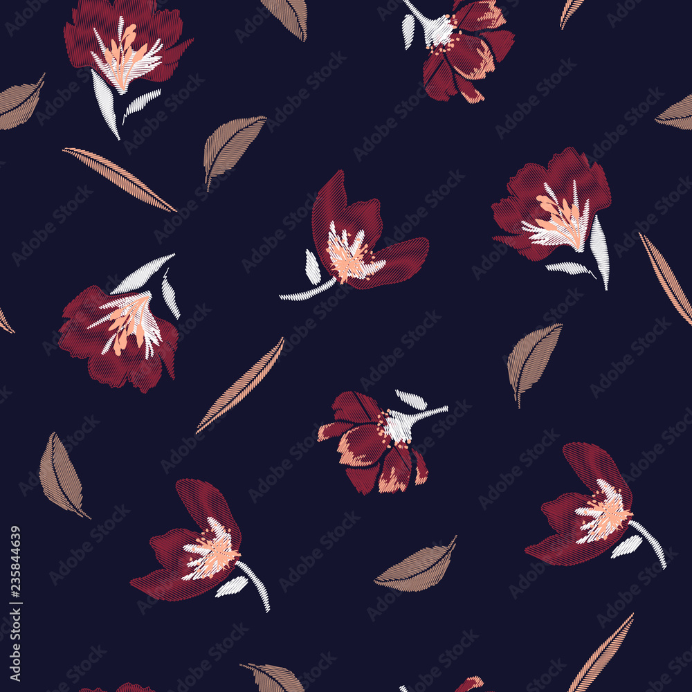 Classic and beautiful Embroidery flowers, spring seamless pattern. Classical blooming embroidery leaves, spring florals, seamless pattern. Fashionable template