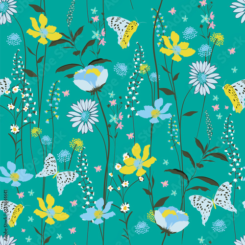 Sweet vintage pastel Seamless Pattern colorful wind blow flowers,  Isolated on green mint color. Botanical Floral Decoration Texture.