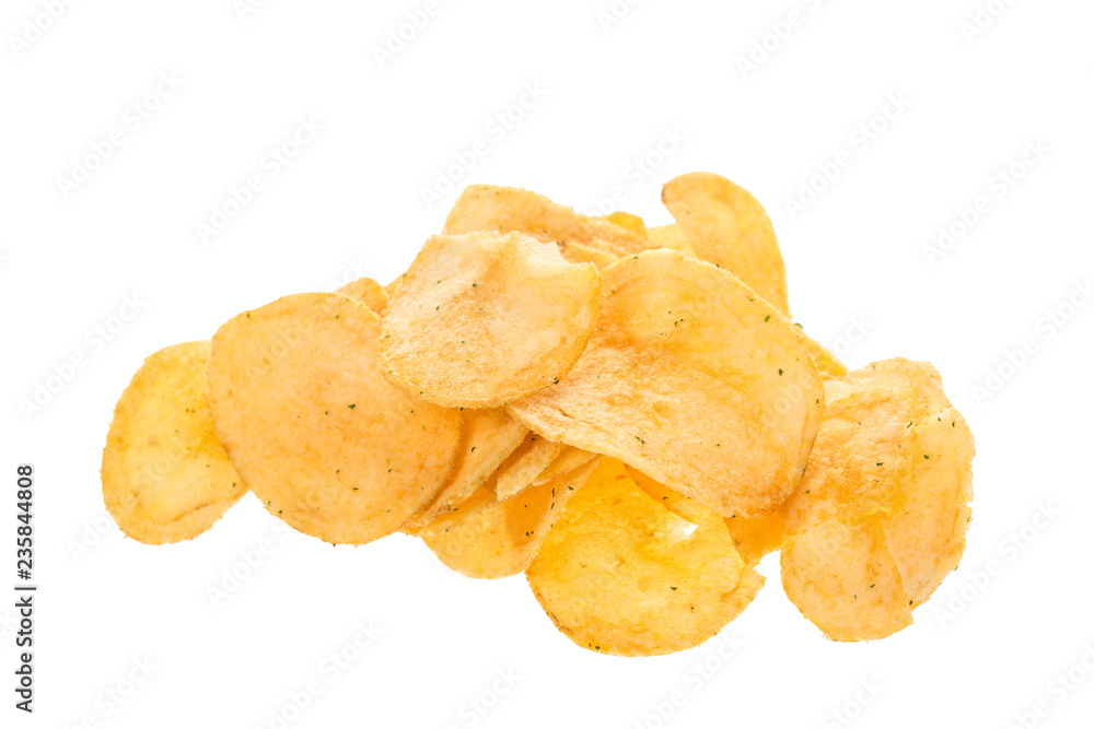 Fried salted potato chips isolated on white background.