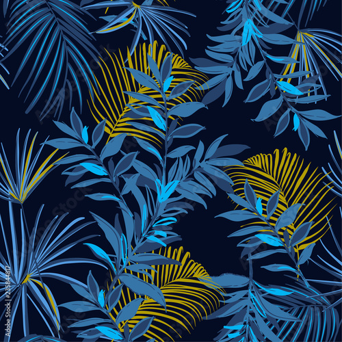 Beautiful Summer night Seamless monotone blue and yellow tropical pattern. Leaves palm tree illustration. Modern graphics. Exotic forest