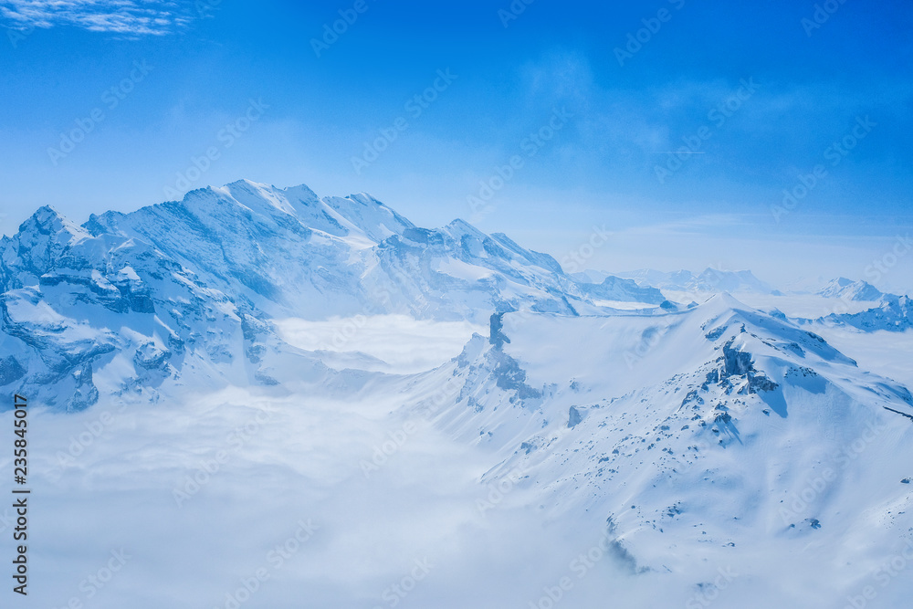 Plakat Stunning view of the snow mountain the Swiss Skyline from Schilthorn Piz Gloria, Switzerland