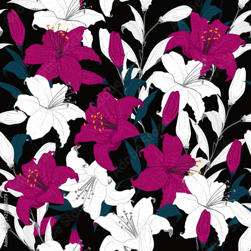 Stylish outline   Floral pattern purple lily flowersin the garden night. Botanical  Motifs scattered random. Seamless vector texture. For fashion prints. Printing with in hand drawn technic