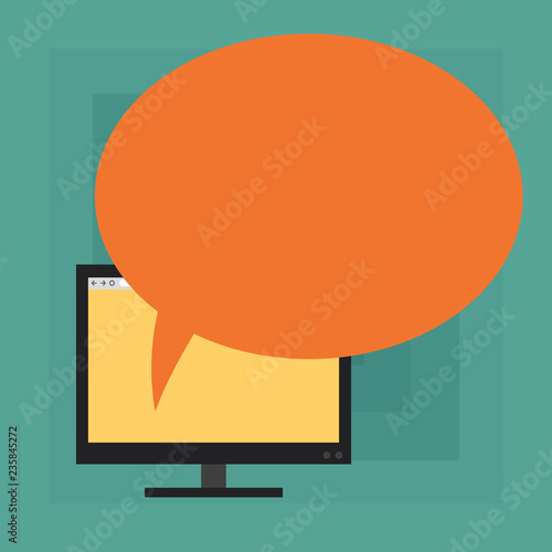 Design business concept Business ad for website promotion banners empty social media ad. Mounted Computer Monitor Blank Screen with Oval Color Speech Bubble