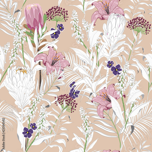 Beautiful unfinished garden flowers outline in hand sketch and drawing ,many kind of floral in seamless pattern vector illustration