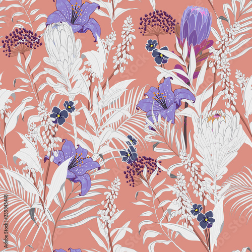 Trendy Summer sweet colorful unfinished garden flowers outline in hand sketch and drawing ,many kind of floral in seamless pattern vector illustration