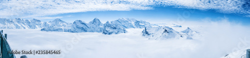 Stunning Panoramic view snow mounain of the Swiss Skyline from Schilthorn, Switzerland