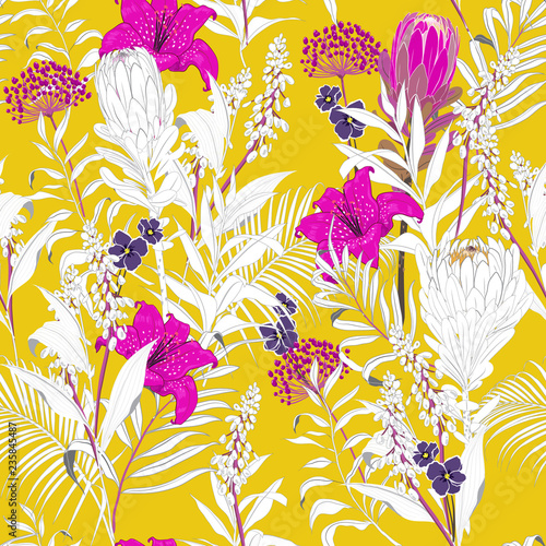 Summer colorful Beautiful unfinished garden flowers outline in hand sketch and drawing ,many kind of floral in seamless pattern vector illustration