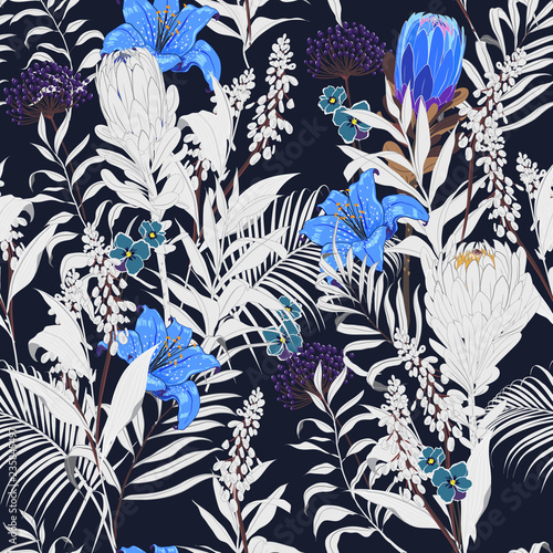 Trendy dark Summer night unfinished garden flowers outline in hand sketch and drawing ,many kind of floral in seamless pattern vector