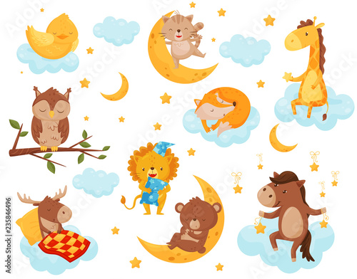 Cute little animals sleeping under a starry sky set, lovely chicken, cat, giraffe, horse, bear, deer, owl sleeping on clouds, good night design element, sweet dreams vector Illustration
