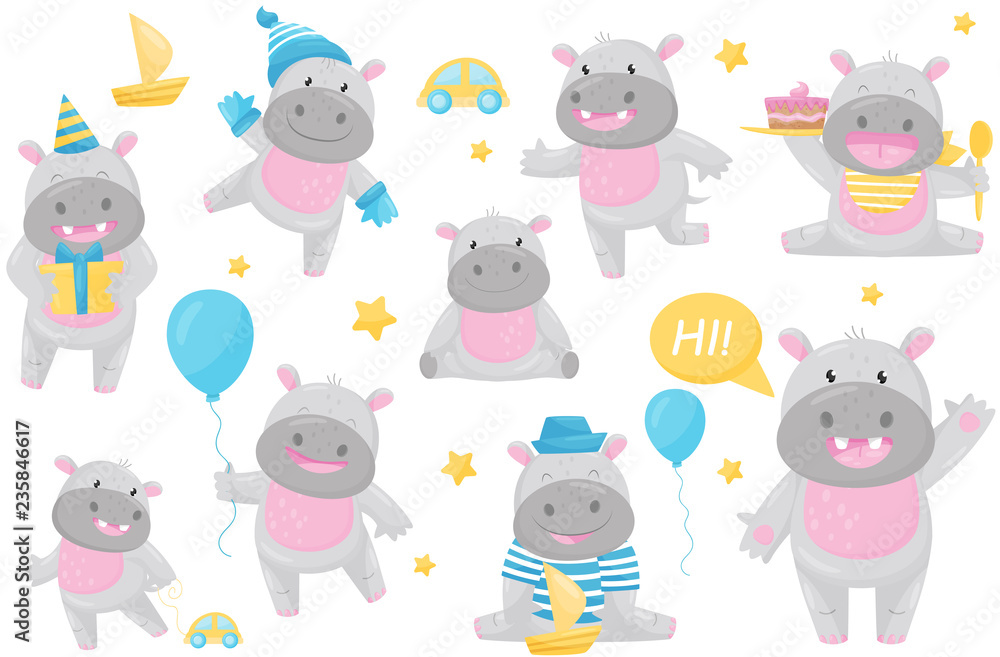 Cute adorable hippo in different situations set, lovely happy smiling behemoth animal cartoon character vector Illustration