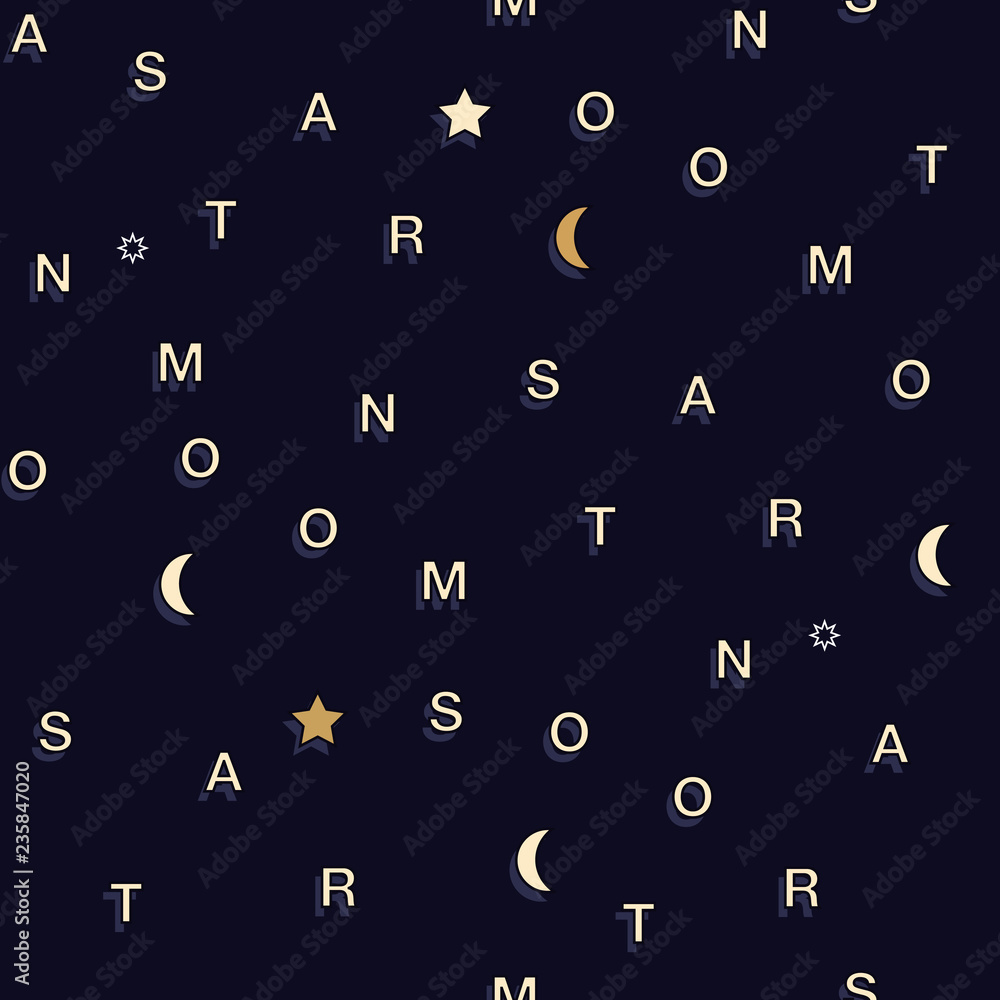Seamless vector pattern with typo moon and star on navy blue . Seamless vector pattern with typo moon and star on navy blue .