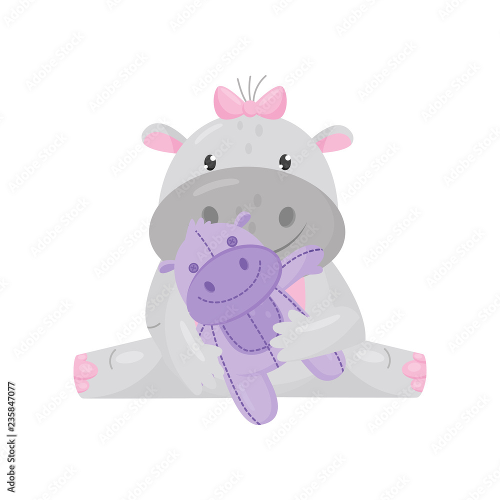 Fototapeta premium Cute adorable hippo with a pink bow sitting and playing with toy, lovely behemoth animal cartoon character vector Illustration