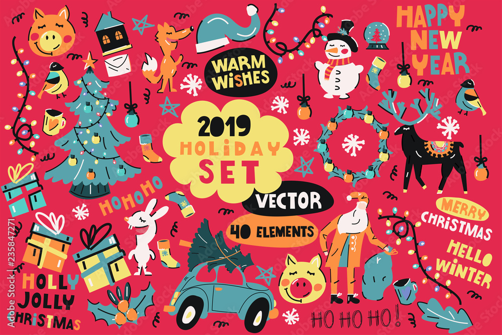 Big vector set of christmas elements. Merry Christmas and happy new year!