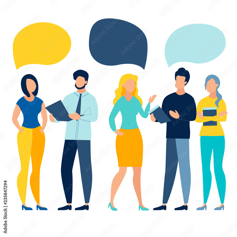 People work team conversation with blank text bubbles. Business work situation in flat style. Cartoon vector illustration People work team conversation with blank text bubbles. Business work situation in flat style. Cartoon vector illustration