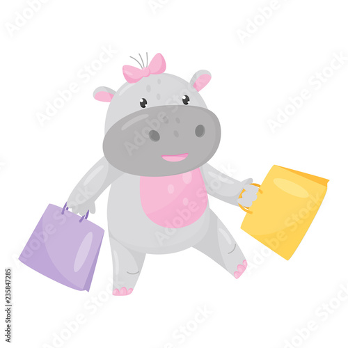 Cute adorable hippo with a pink bow walking with shopping bags, lovely behemoth animal cartoon character vector Illustration
