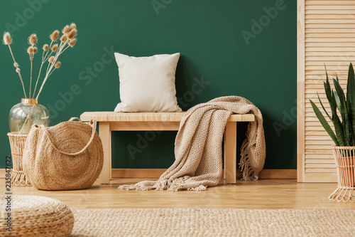 Blanket and pillow on wooden bench in green apartment interior with pouf, bag and plants. Real photo photo
