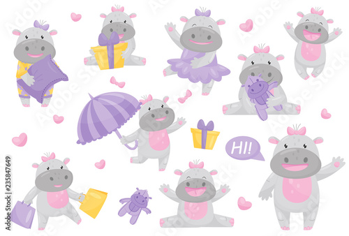 Cute adorable hippo girl with bow in different situations set, lovely happy smiling behemoth animal cartoon character vector Illustration
