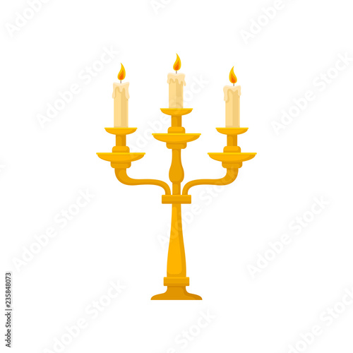 Candelabrum with three burning candles with melting wax, vintage golden candlestick vector Illustration on a white background