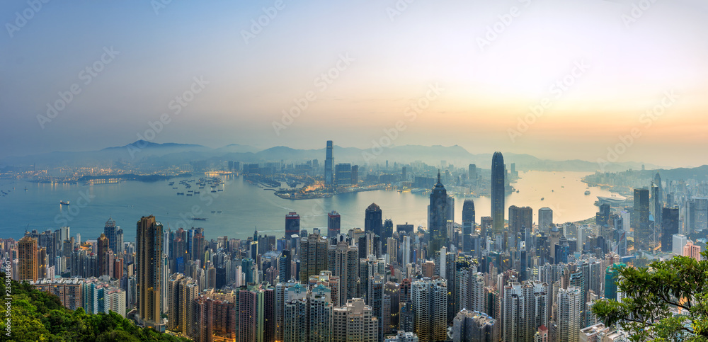 Sunrise and buildings in Vitoria harbour, Hongkong