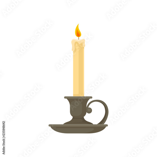 Burning candle in a vintage candle holder, candlestick vector Illustration on a white background