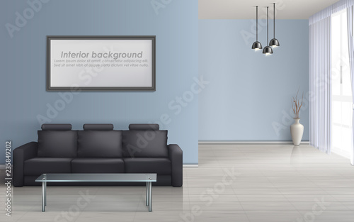 Vector realistic mockup of empty living room with black sofa, glass table, window with curtains, blue wall. Modern lounge with couch, minimalist interior concept background. Template for roll banner