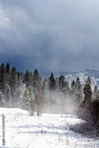 Winter mountain landscape. Mountains in the snow. The first snow in the mountains.