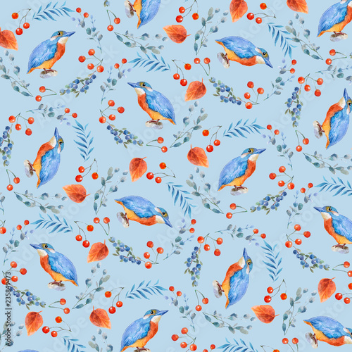 Watercolor pattern with blue bird and leaves,orange berries.