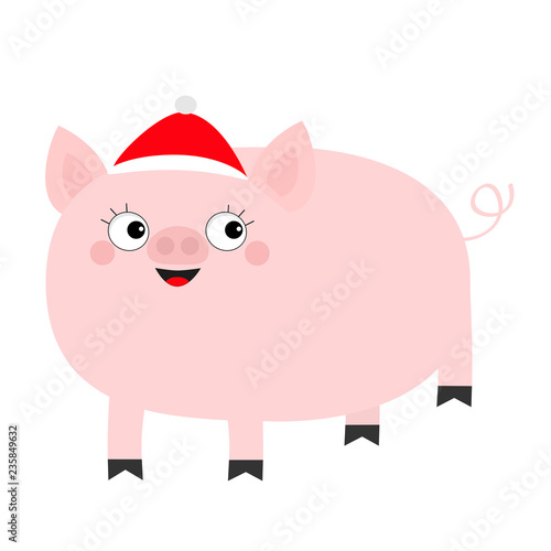 Pig piglet in Santa red hat. Cute cartoon funny baby character. Hog swine sow animal. Chinise symbol of 2019 new year. Zodiac sign. Flat design. White background. Isolated.