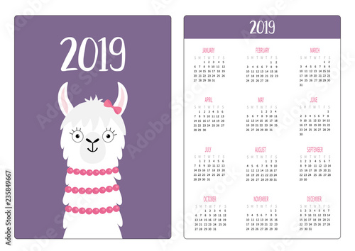 Llama alpaca girl. Simple pocket calendar layout 2019 new year. Week starts Sunday. Cute cartoon character. Vertical orientation. Flat design. Violet background.