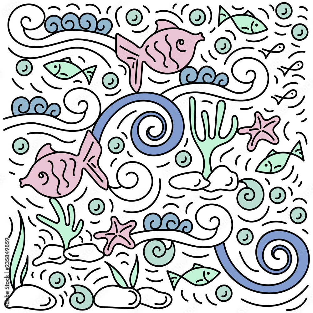 Underwater world, fishs, plants, waves. Hand drawing. Doodle style. Vector illustration.