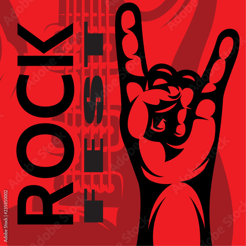 Color template on rock music theme with hand and guitar on background