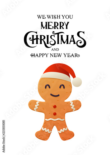 Vector cartoon gingerbread cookie in santa claus hat on white background