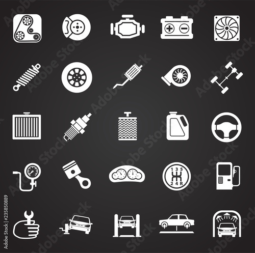 Car parts and repair icon set on black background for graphic and web design, Modern simple vector sign. Internet concept. Trendy symbol for website design web button or mobile app.