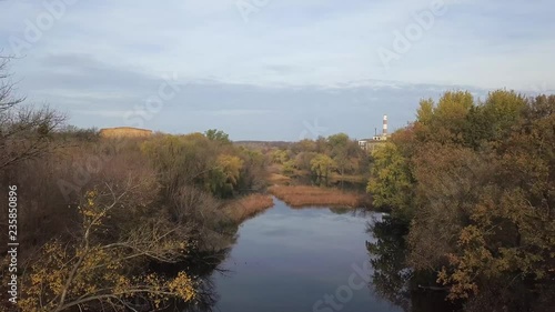 Aerial: Landscape of the Tiasmyn river, Ukraine, autumn time photo