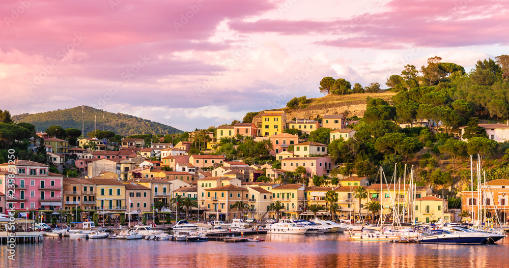 Harbor and village  Porto Azzurro at sunset, Elba islands, Tuscany, Italy