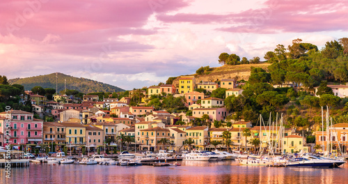 Harbor and village Porto Azzurro at sunset, Elba islands, Tuscany, Italy