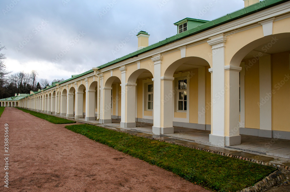 Colonnade of the Western side of the Menshikov Palace in Oranienbaum. Late autumn, November