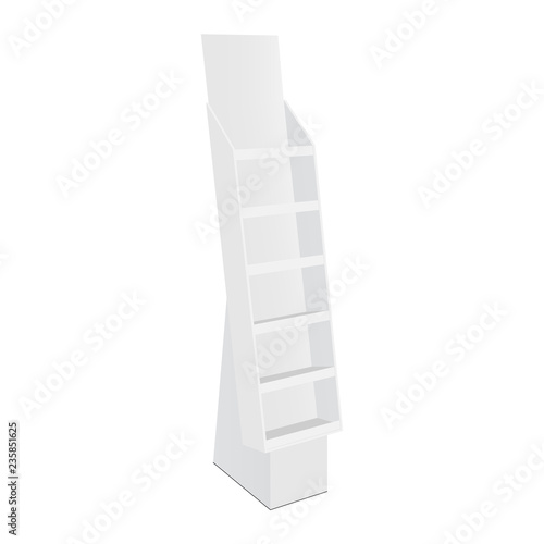 Cardboard floor display with shelves - half side view. Promotional retail display stand isolated on white background. Vector illustration