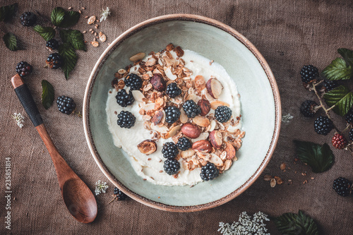 Petit Déjeuner Sain avec des Granola ou Muesli, des Mûres, yaourt à la Noix de Coco et Fleurs Comestibles photo