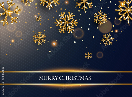 Merry Christmas. Golden glitter snowflakes on dark background. Can be used for decoration, banners and card.