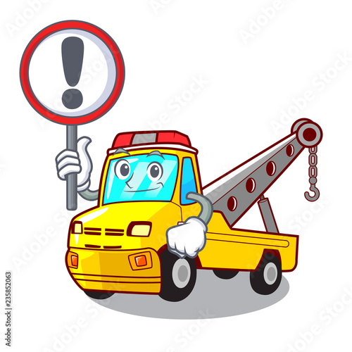 With sign Cartoon tow truck isolated on rope