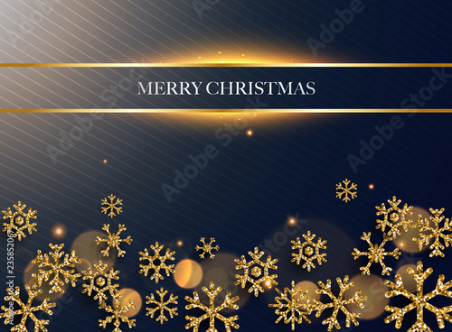 Merry Christmas. Golden glitter snowflakes on dark background. Can be used for decoration, banners and card.