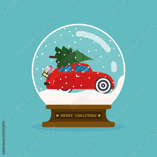 Merry christmas glass ball with car and christmas tree. Flat design modern vector illustration concept.