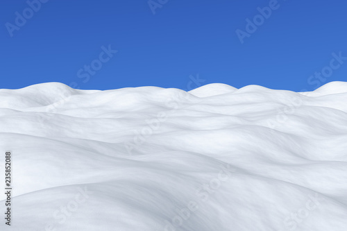 White snowy field with hills winter arctic landscape.