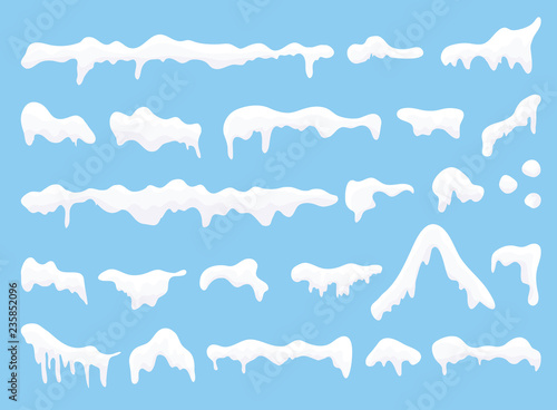 Snow caps, snowballs and snowdrifts set ob blue background. Winter decoration element.