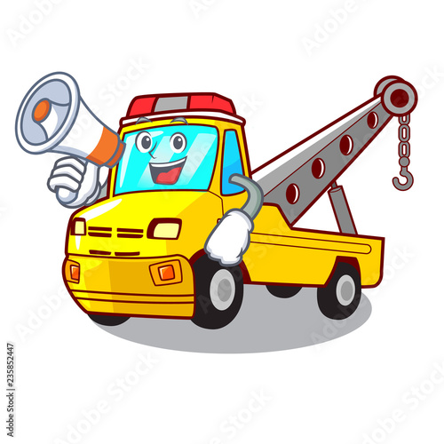 With megaphone Cartoon tow truck isolated on rope