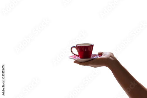 female hand holding a red cup of coffee or tea isolate white background ,with clipping path