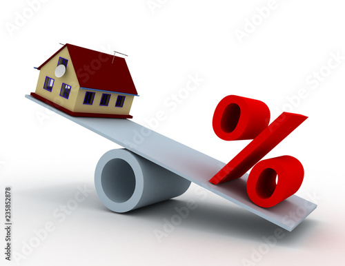 House and percent sign in the balance . 3d rendered illustration