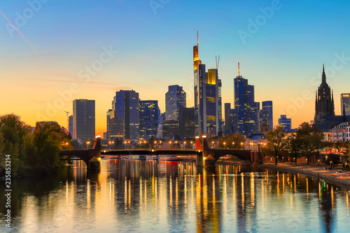 Skyline cityscape of Frankfurt  Germany during sunset. Frankfurt Main in a financial capital of Europe.
